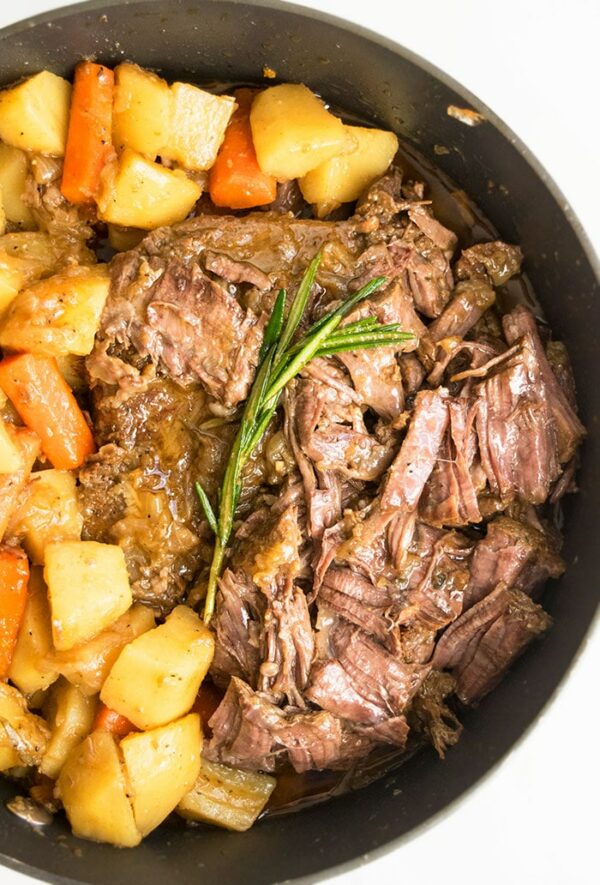 Chuck roast meat that has been cooked with potatoes
