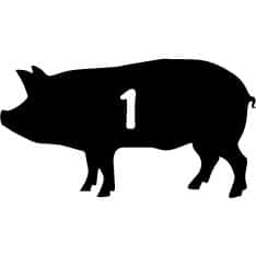 Black silhouette of a pig with 1 written on it signifying you can buy a whole of a pig for your pork needs from Hipwell Ranch of Oreana, Idaho in the Boise area